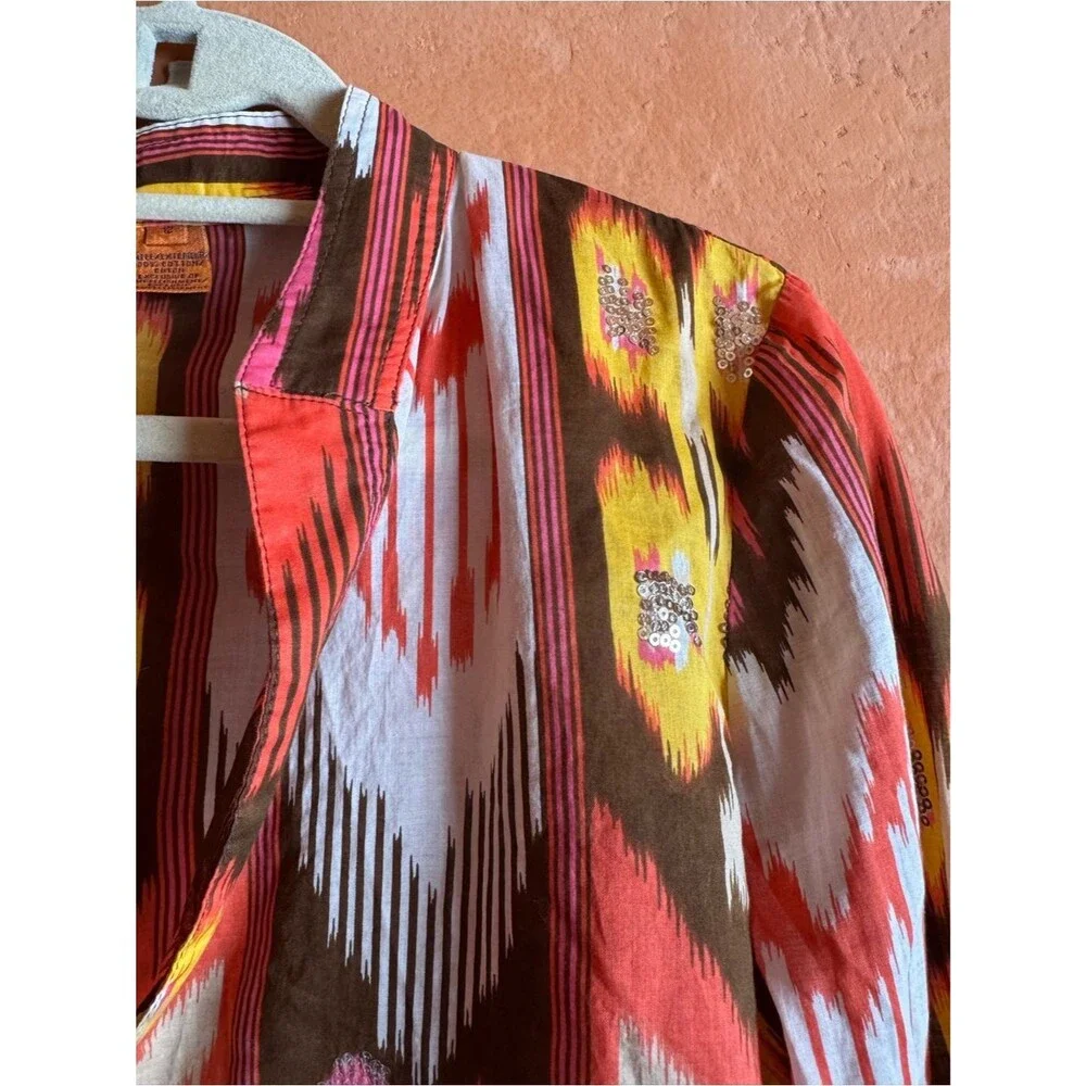 Tory Burch Sequin Ikat Print Cotton Tunic Blouse Size 12